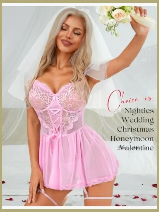 Lace Babydoll Chemise with Underwire Push Up Bra and Garter - Picture 6 of 7